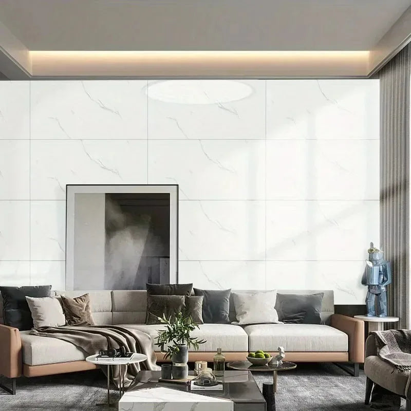 Stickers muraux imitation carrelage céramique 60×30 cm posés dans un salon, vinyle adhésif imperméable décoratif et moderne - Décoration intérieure