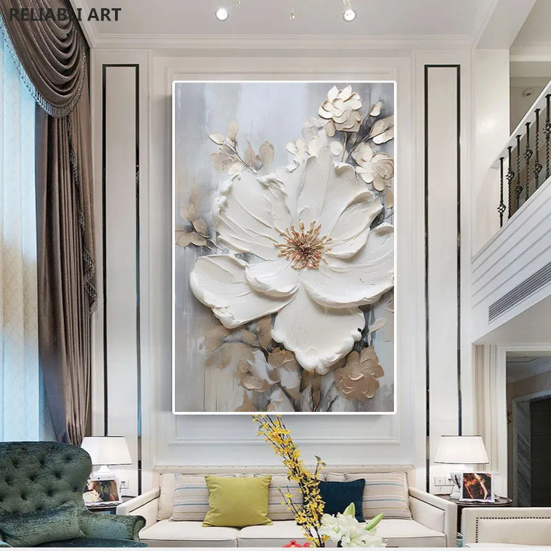 Tableau abstrait de fleurs blanches imprimé sur toile, style nordique moderne, décoration murale sans cadre pour salon ou intérieur épuré - Décoration intérieure