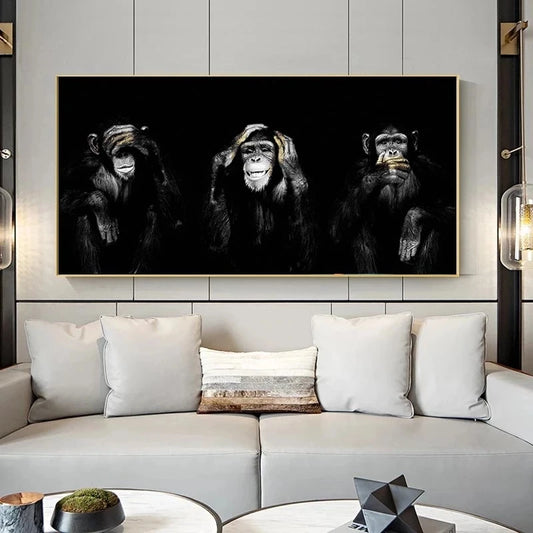 Tableau déco murale sombre avec trois singes drôles – impression sur toile grand format pour salon moderne - Décoration intérieure