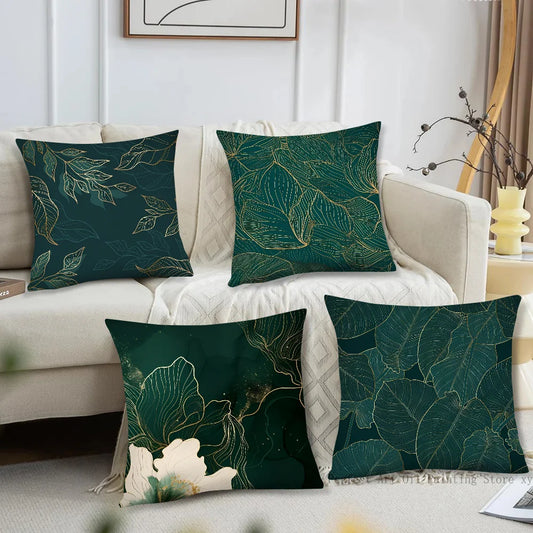 Taie d’oreiller carrée 40×40 cm à motif feuilles vertes et bords dorés, décoration élégante pour canapé ou chambre - Décoration intérieure