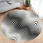 Tapis rond Vortex 3D noir et blanc avec motif tourbillonnant posé sur un parquet moderne - Décoration intérieure