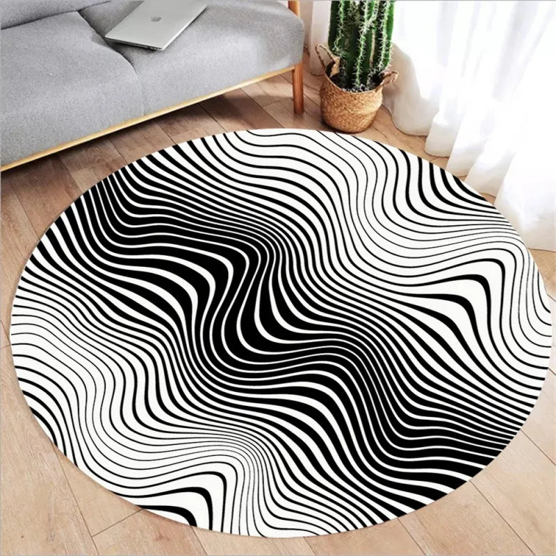 Tapis rond Vortex 3D noir et blanc avec motif tourbillonnant posé sur un parquet moderne - Décoration intérieure