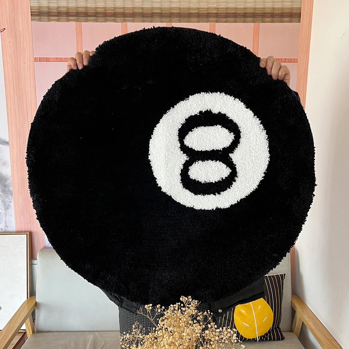Tapis rond floqué noir à motif billard, doux et antidérapant – déco originale pour chambre ou salon - Décoration intérieure