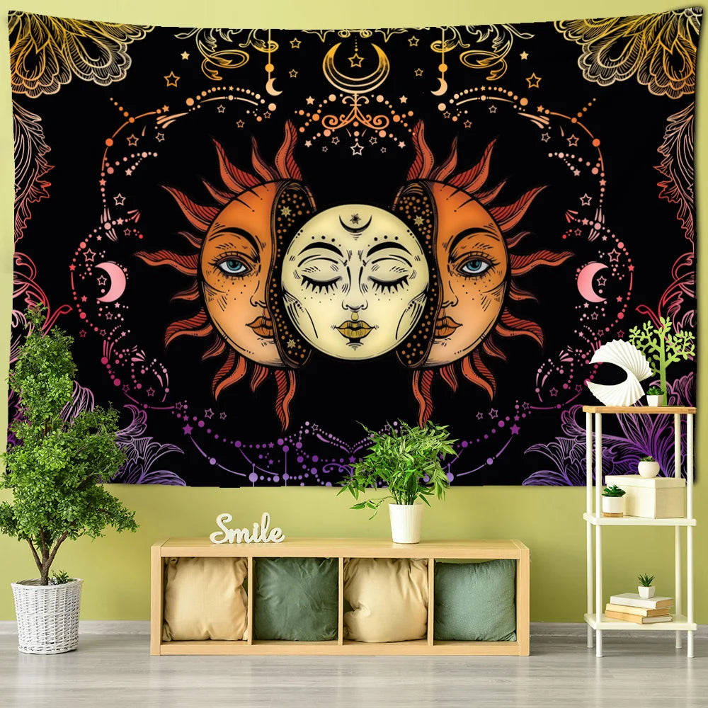 Tapisserie murale Soleil et Lune style bohème, déco spirituelle pour chambre ou salon zen - Décoration intérieure