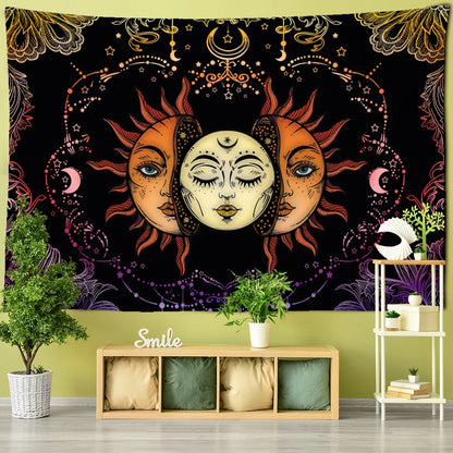 Tapisserie murale Soleil et Lune style bohème, déco spirituelle pour chambre ou salon zen - Décoration intérieure