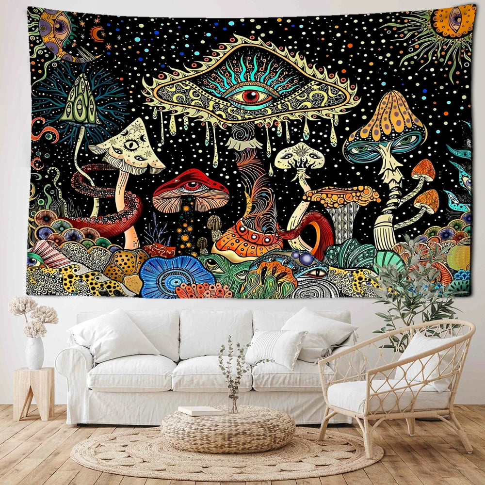 Tapisserie murale artistique représentant des yeux colorés flottants et une forêt de champignons féerique dans un style hippie et abstrait - Décoration intérieure