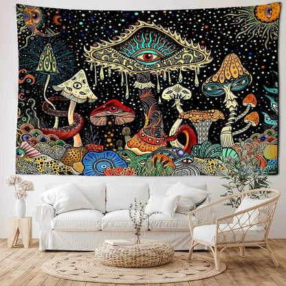 Tapisserie murale artistique représentant des yeux colorés flottants et une forêt de champignons féerique dans un style hippie et abstrait - Décoration intérieure