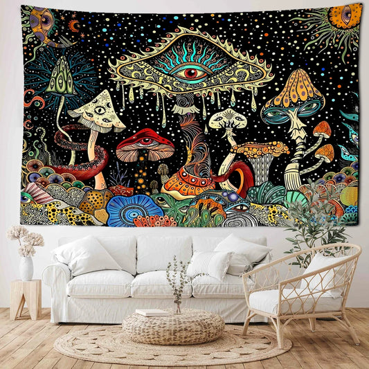 Tapisserie murale artistique représentant des yeux colorés flottants et une forêt de champignons féerique dans un style hippie et abstrait - Décoration intérieure