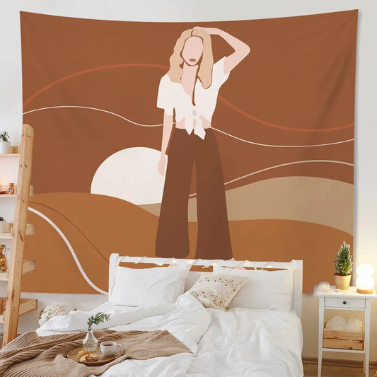 Tapisserie murale aux tons Morandi suspendue dans un salon moderne, ambiance cosy et élégante - Décoration intérieure