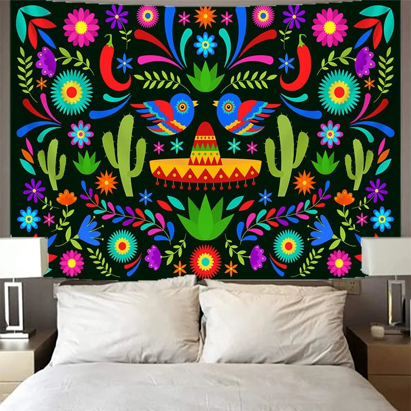 Tapisserie murale bohème 230×180 cm avec motifs floraux mandala colorés, suspendue dans un salon lumineux au style zen et artistique - Décoration intérieure