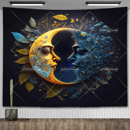 Tapisserie murale bohème avec croissant de lune, mandala solaire et déesse sorcière, décoration céleste pour chambre et espace spirituel - Décoration intérieure