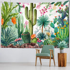 Tapisserie murale décorative avec cactus et plantes tropicales en style dessin animé bohème, suspendue dans une chambre d’enfant lumineuse et joyeuse - Décoration intérieure