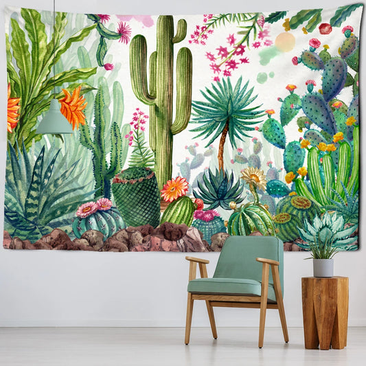 Tapisserie murale décorative avec cactus et plantes tropicales en style dessin animé bohème, suspendue dans une chambre d’enfant lumineuse et joyeuse - Décoration intérieure