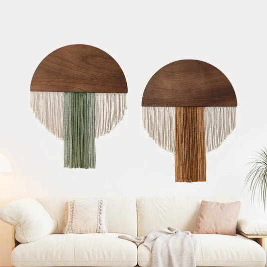Tapisserie murale en macramé colorée sur demi-cercle bois, décoration artisanale style scandinave - Décoration intérieure