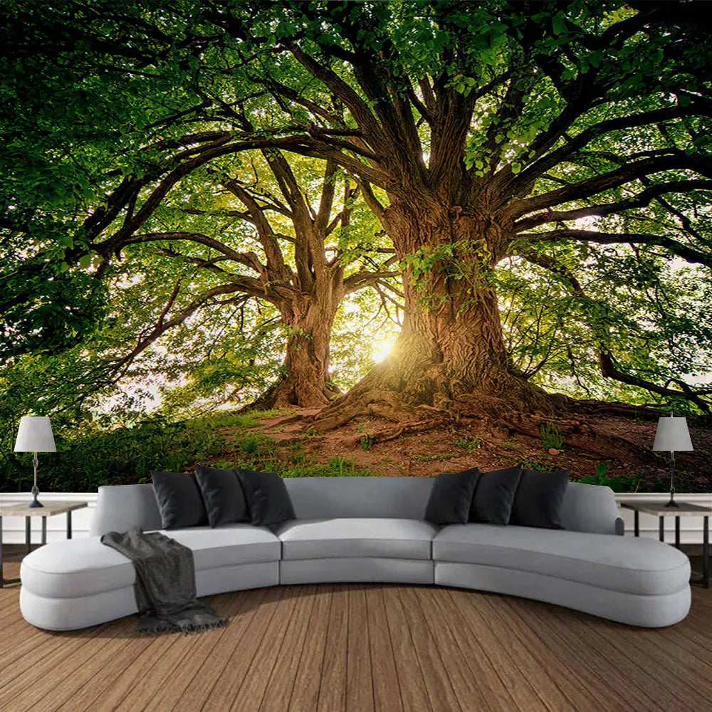 Tapisserie murale imprimée forêt naturelle avec mandala bohème, style hippie, grande taille pour décoration zen - Décoration intérieure