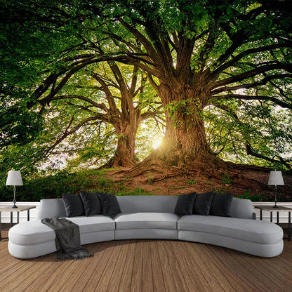 Tapisserie murale imprimée forêt naturelle avec mandala bohème, style hippie, grande taille pour décoration zen - Décoration intérieure