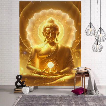 Tapisserie murale indienne représentant Bouddha en méditation sur un lotus, entouré d’un mandala sacré, suspendue dans une chambre zen et spirituelle