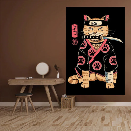 Tapisserie murale japonaise en macramé représentant un chat samouraï vintage, suspendue dans une chambre zen au style classique japonais - Décoration intérieure