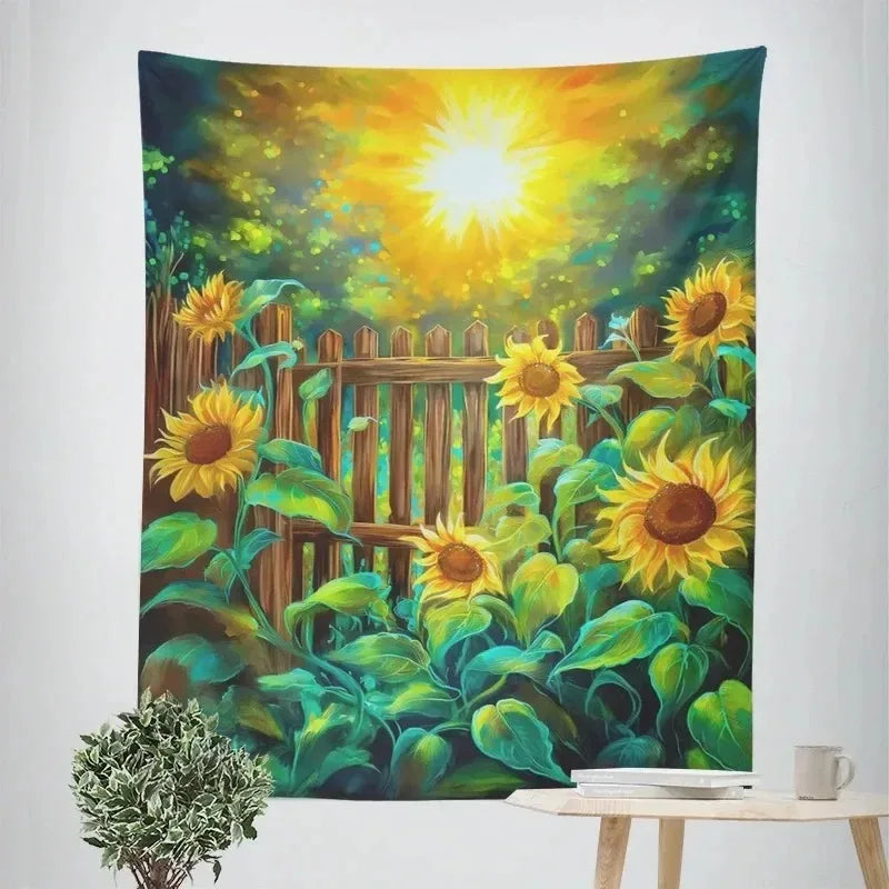 Tapisserie murale à motif tournesol jaune pour décoration intérieure chaleureuse et naturelle - Décoration intérieure