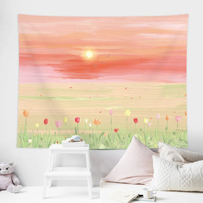 Tapisserie murale style Ins suspendue au-dessus d’un lit dans une chambre moderne, avec motifs artistiques et ambiance douce et minimaliste - Décoration intérieure