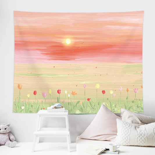 Tapisserie murale style Ins suspendue au-dessus d’un lit dans une chambre moderne, avec motifs artistiques et ambiance douce et minimaliste - Décoration intérieure