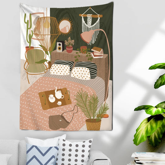 Tenture murale bohème avec chat et arbre sur toile peinte – décoration ethnique et nordique pour salon - Décoration intérieure