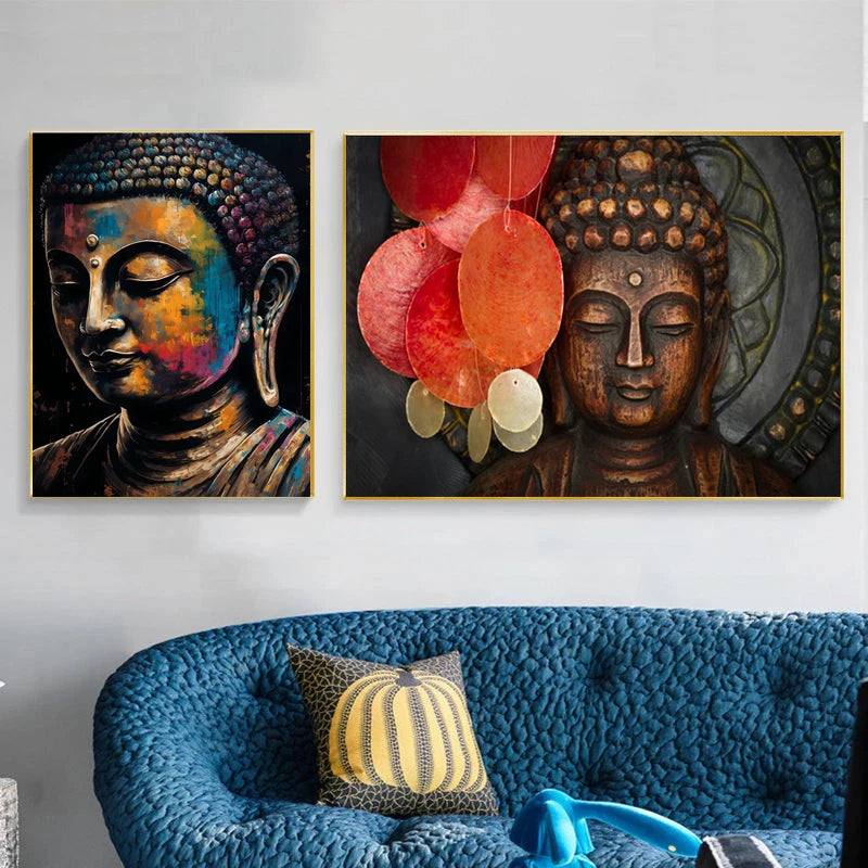 Toile Bouddha abstrait coloré – Affiche murale artistique et spirituelle pour décoration intérieure vibrante - Décoration intérieure