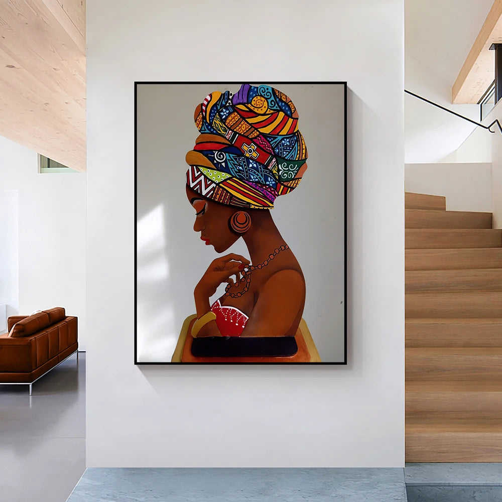 Toile abstraite représentant des femmes africaines, art mural moderne sans cadre suspendu dans un salon élégant - Décoration intérieure