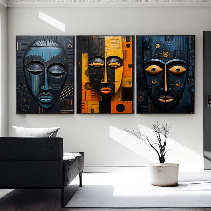Toile abstraite représentant un masque tribal africain, affiche murale ethnique pour décoration intérieure moderne et chaleureuse - Décoration intérieure.