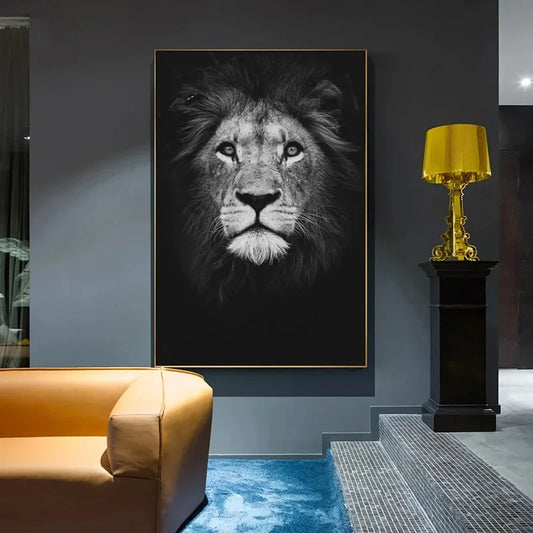 Toile animalière minimaliste avec lion, éléphant, hippopotame et zèbre – art mural moderne imprimé sur toile pour décoration de salon ou chambre - Décoration intérieure