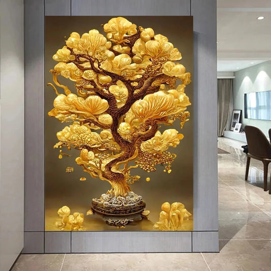 Toile arbre doré porte-bonheur – art mural abstrait luxe pour décoration intérieure moderne - Décoration intérieure
