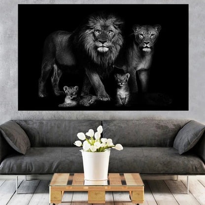 Toile artistique noir et blanc bébé lion et famille – affiche murale animale pour décoration intérieure de salon ou chambre - Décoration intérieure