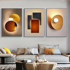 Toile de peinture géométrique orange avec cercles métalliques dorés – art mural moderne et minimaliste pour décoration intérieure de luxe - Décoration intérieure