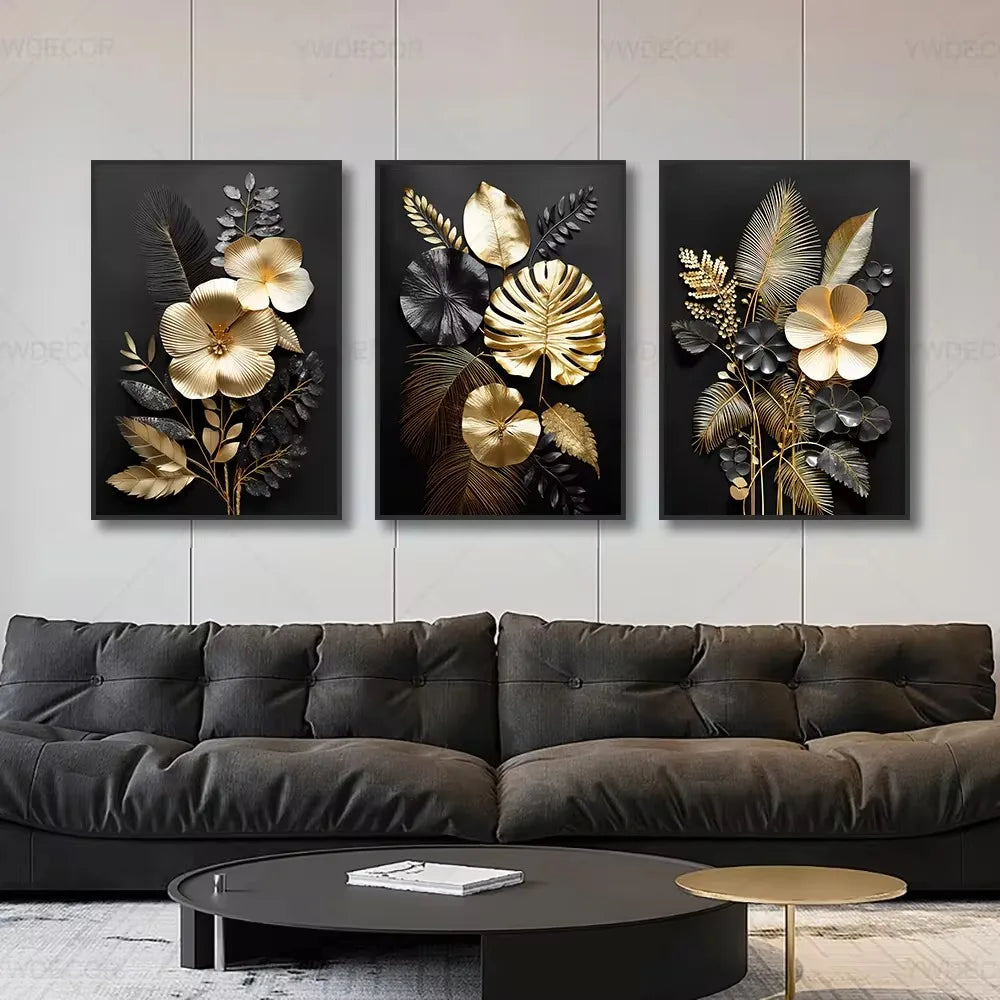 Toile murale abstraite avec feuilles noires et dorées, décoration artistique élégante pour salon moderne - Décoration intérieure