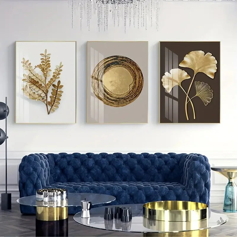 Triptyque de feuilles de Ginkgo dorées – art mural nordique  Décoration intérieure
