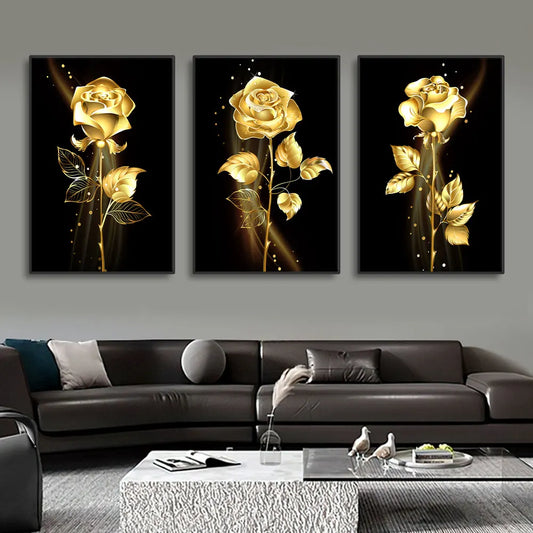 Triptyque de peintures modernes sur toile représentant des roses dorées sur fond noir, style nordique, décoration murale sans cadre pour salon - Décoration intérieure