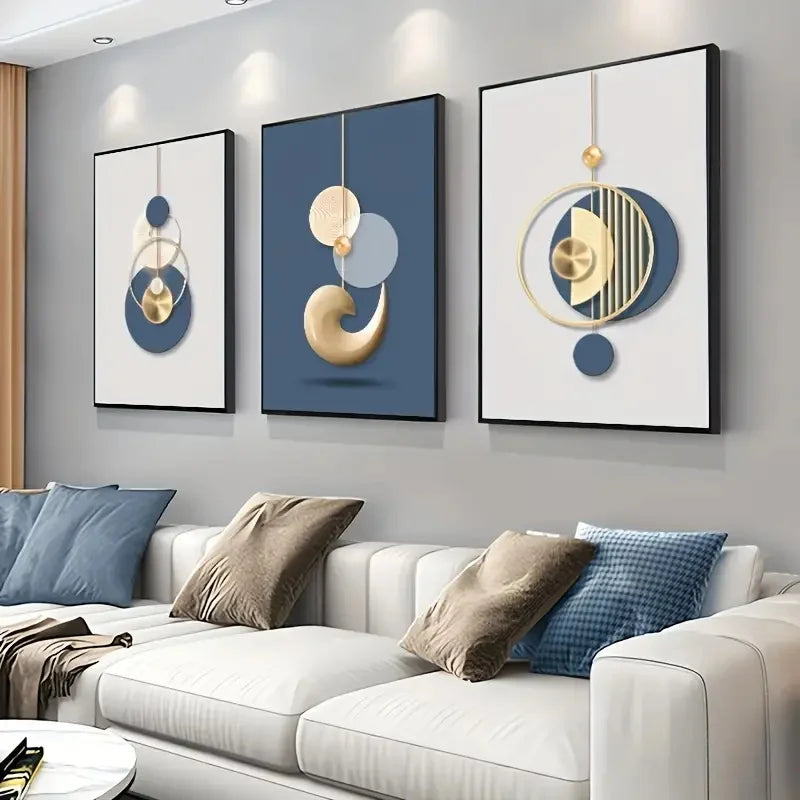 Triptyque en toile abstraite bleu et doré – décoration murale moderne pour salon ou chambre - Décoration intérieure