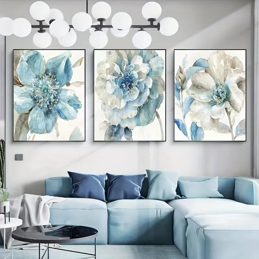 Triptyque floral bleu abstrait sur toile – affiches murales nordiques sans cadre pour décoration moderne de salon ou chambre - Décoration intérieure