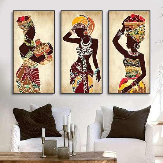 Triptyque mural ethnique femme noire africaine – art décoratif vintage en 3 pièces pour salon et maison - Décoration intérieure