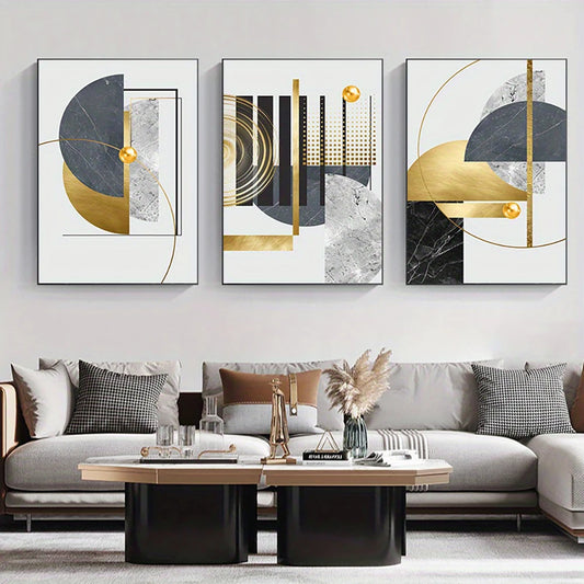 Triptyque toile abstraite dorée – 3 affiches géométriques modernes en feuille d’or pour décoration murale élégante et contemporaine - Décoration intérieure