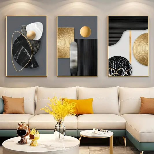 Triptyque toile géométrique abstraite avec effet marbre – décoration murale moderne en 3 pièces pour salon ou chambre - Décoration intérieure