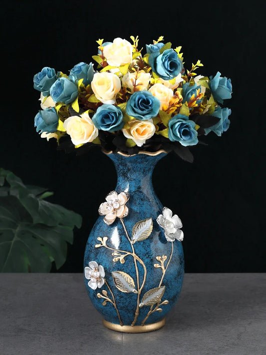 Vase en céramique blanche texturée 3D - couleur bleu - Décoration intérieur