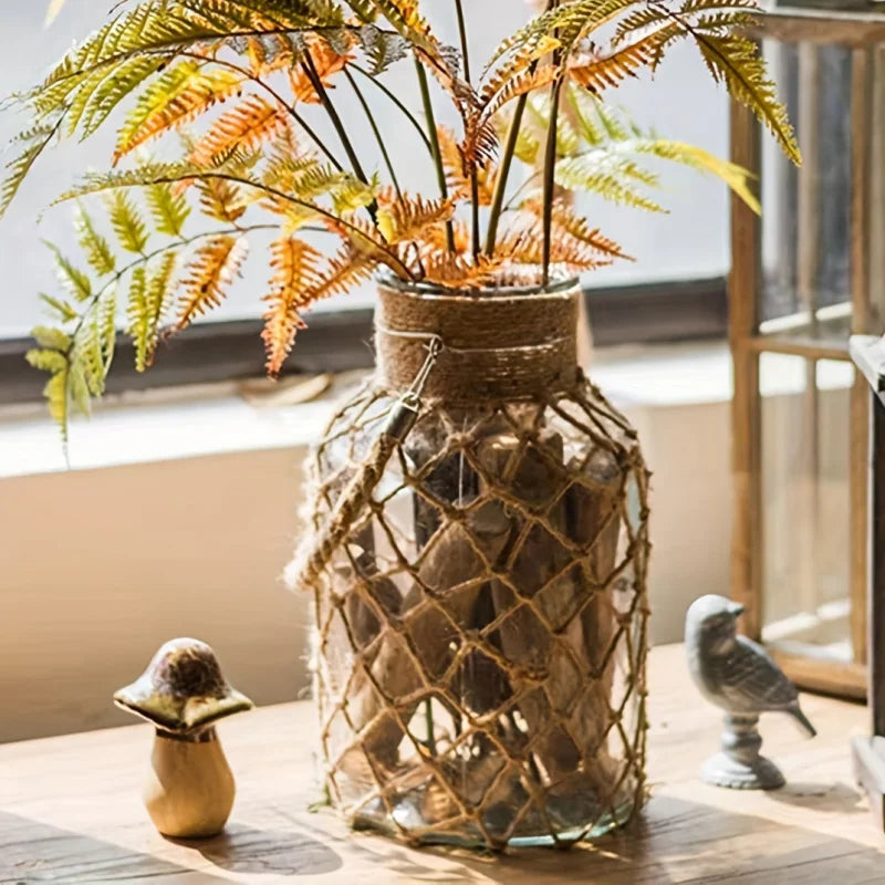Vase en verre rétro décoré de corde de chanvre tissée à la main, déco style campagnard pour fleurs ou hydroponie - Décoration intérieure