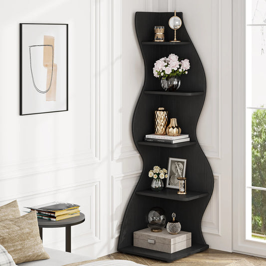 Étagère d’angle murale moderne à 5 niveaux en bois, petite bibliothèque élégante pour plantes et objets déco