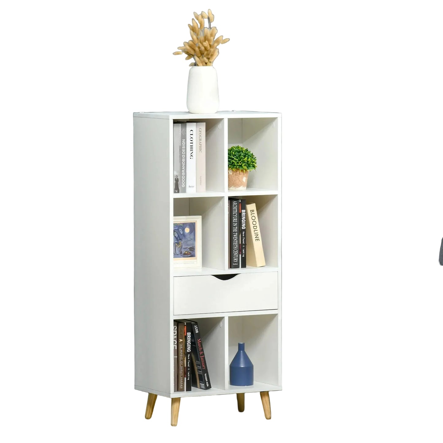 Étagère en bois avec 6 compartiments ouverts, 1 tiroir élégant, pieds hauts et fixation murale.