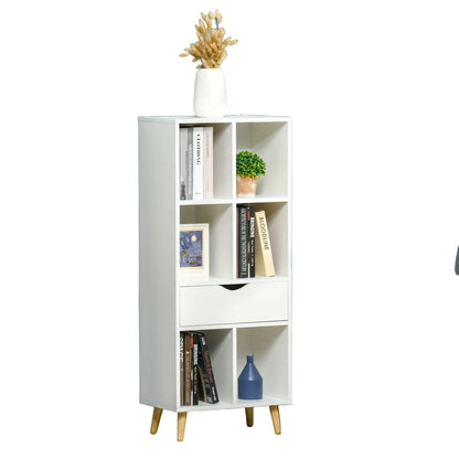 Étagère en bois avec 6 compartiments ouverts, 1 tiroir élégant, pieds hauts et fixation murale.