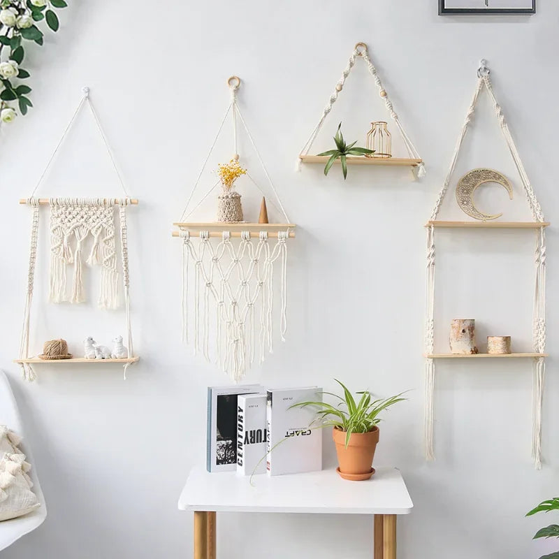 Étagère murale en macramé suspendue avec bois naturel, déco bohème pour plantes, bougies et objets - Décoration intérieur